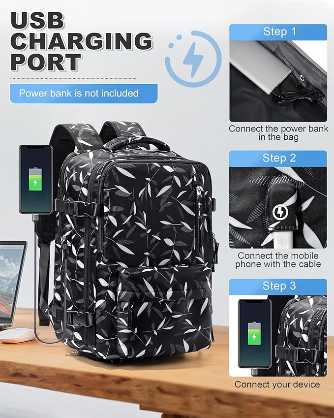 VGCUB Vacuum Backpack Travel with Pump Vacpack System Storage Compression Carry on Work Laptop Waterproof College Bags Casual Daypack Backpacks for Women Men with USB Charging Port Leaf Black