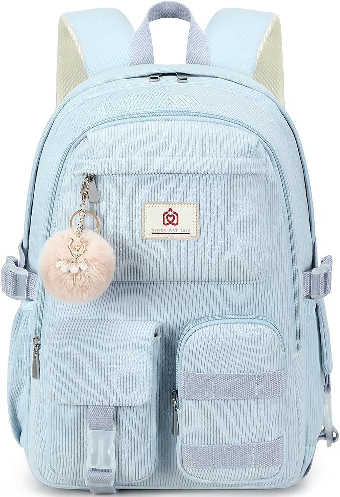 Hidds School Backpack for Teens Girls Women 15.6 Inch Laptop College Backpacks Corduroy Kids Bookbag Students Travel Daypack Womens (Blue)