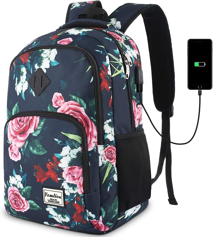 YAMTION Floral Backpack for Teen Girls, School/Travel, 35L, 19x11x6 Inch, USB, Water Repellent