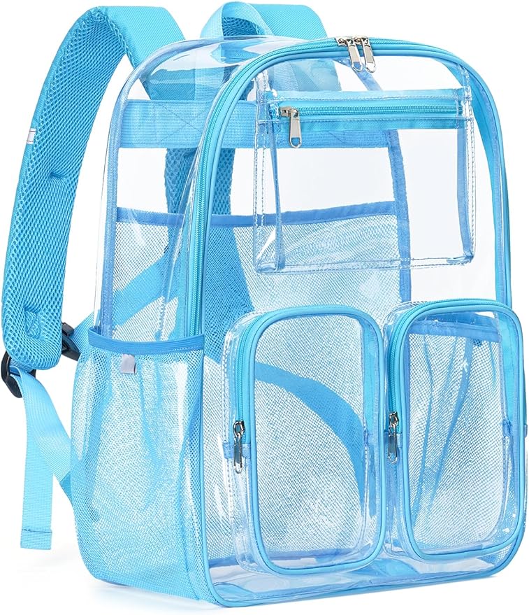Clear Backpack Heavy Duty for Women Men Boys Girls, Clear Bookbag for School, 17 Inch Transparent Backpack with All-Around Reflective Strips for Work Casual Sport,Light Blue