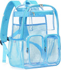 Clear Backpack Heavy Duty for Women Men Boys Girls, Clear Bookbag for School, 17 Inch Transparent Backpack with All-Around Reflective Strips for Work Casual Sport,Light Blue