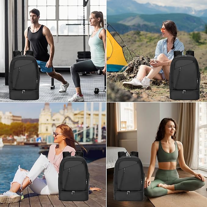 seyfocnia Gym Backpack for Men,Waterproof Gym Bag With Shoe Compartment Lightweight Travel Bag Sports Backpack Casual Daypack-Black