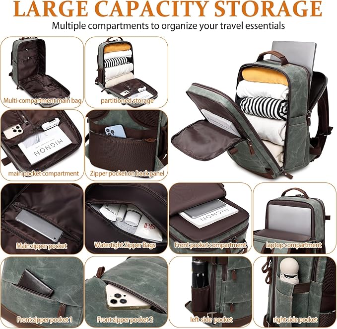 BOVIP Travel Backpack for Men Carry On Backpack Flight Approved Personal Item Backpack, 17 inch Laptop Backpack Casual Daypack Weekender Business Hiking Backpack, Dark Green