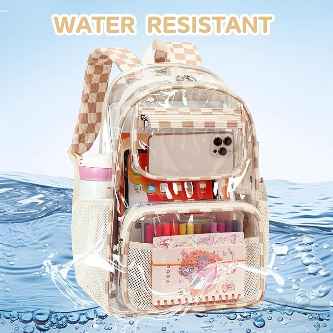 Bluboon Clear Backpack Heavy Duty Kids Boys Clear Bookbag See Through Backpacks with Pencil Case for College Work (Transparent Brown white Checked)