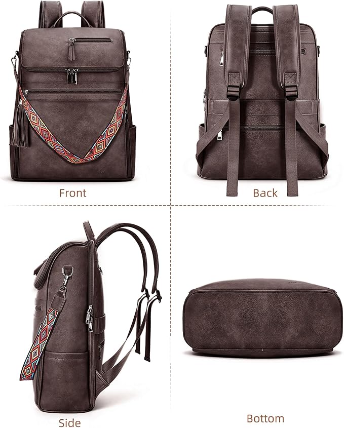 Leather Laptop Backpack for Women Designer Laptop Bag, 16.5 inch Travel Computer Backpacks Purse with Tassel for Work Business with Satchel Purse Dark Coffee