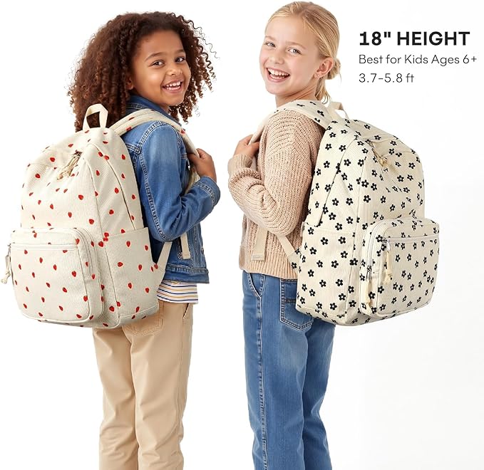 mibasies School Backpack for Girls with Laptop Sleeve: 18IN Large Capacity Corduroy Bookbag for Primary Middle School/College, Travel Daypack for Teens Women - Beige Strawberry
