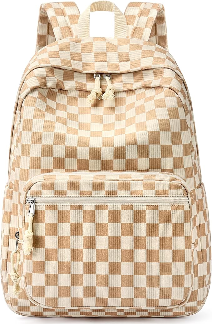 mibasies School Backpack for Girls with Laptop Sleeve: 18IN Large Capacity Corduroy Bookbag for Primary Middle School/College, Travel Daypack for Teens Women - Brown Checkered