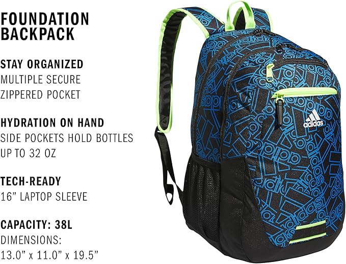 adidas Unisex Foundation Backpack for Laptop, Large Durable Athletic Gym Bag