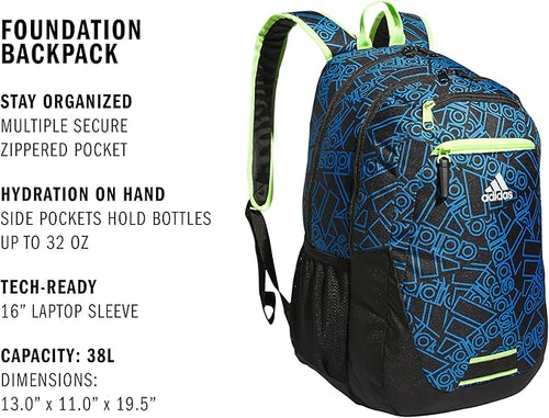 adidas Unisex Foundation Backpack for Laptop, Large Durable Athletic Gym Bag