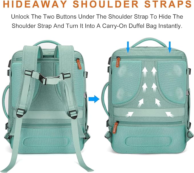 Lumesner Carry on Travel Backpacks, Extra Large 40L Flight Approved Bag for Men & Women,Expandable Suitcase Backpack With 4 Packing Cubes,Water Resistant Luggage Daypack Business Weekender Bag, Green