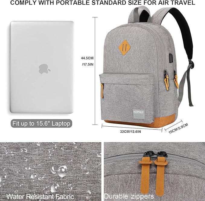 SUPACOOL Lightweight Laptop Backpack with USB Charging Port for Men and Women, Double Layers Backpack for College, Work, Travel, Casual(Light Grey)