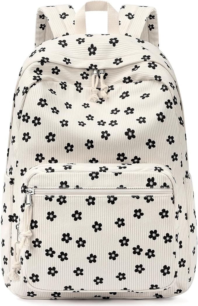 mibasies School Backpack for Girls with Laptop Sleeve: 18IN Large Capacity Corduroy Bookbag for Primary Middle School/College, Travel Daypack for Teens Women - Black Flower