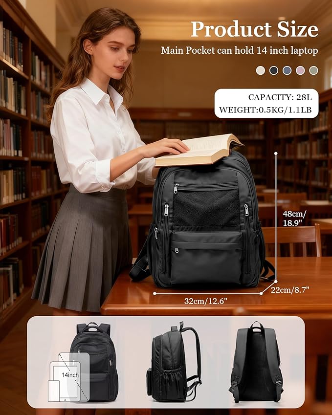 Cute High School Backpack for Women Men, Large Capacity Middle School Bag, Lightweight Bookbag for Teens Boys Girls, Waterproof College Backpack with lots of Pockets, Black