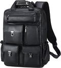 Masa Kawa Black Leather Backpack for Men 15.6 Inch Laptop Bag Multi Pockets Casual Work Business Travel Daypack