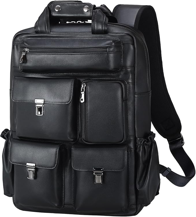 Masa Kawa Black Leather Backpack for Men 15.6 Inch Laptop Bag Multi Pockets Casual Work Business Travel Daypack