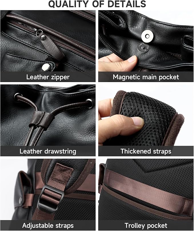 Laptop Travel Backpack For Men Vintage PU Leather Water-Resistant College School Casual 15.6" Laptop Work Backpack Gift For Male Female Black