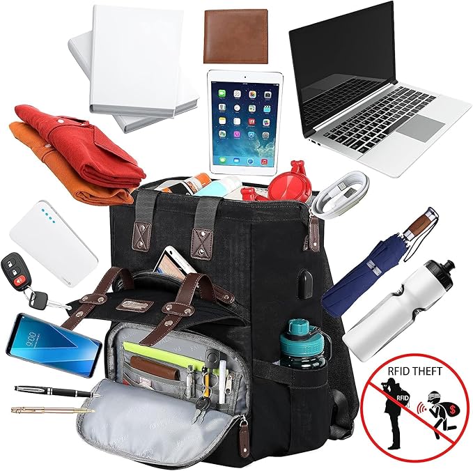 Laptop Backpack For Women, Work Doctor Teacher Nurse Wide Open College 15.6 Inch Laptops Backpack Purse with USB Charging Port, Travel Water Resistant RFID Computer Bag for Men Women Black