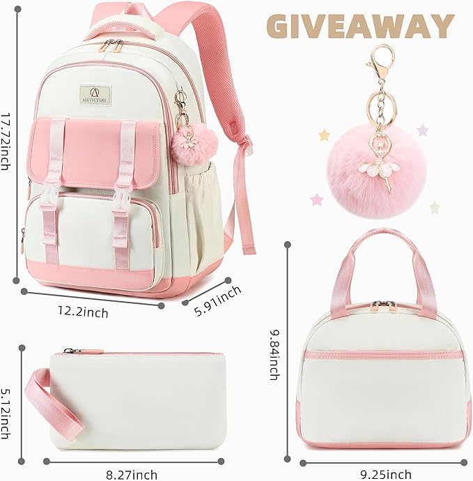 AO ALI VICTORY School Backpack for Girls Women 15.6 Inch Laptop Backpacks College Bookbag Cute Kids Elementary Middle High School Bag with Lunch Box Set for Teens Students Travel Daypack, Pink Set