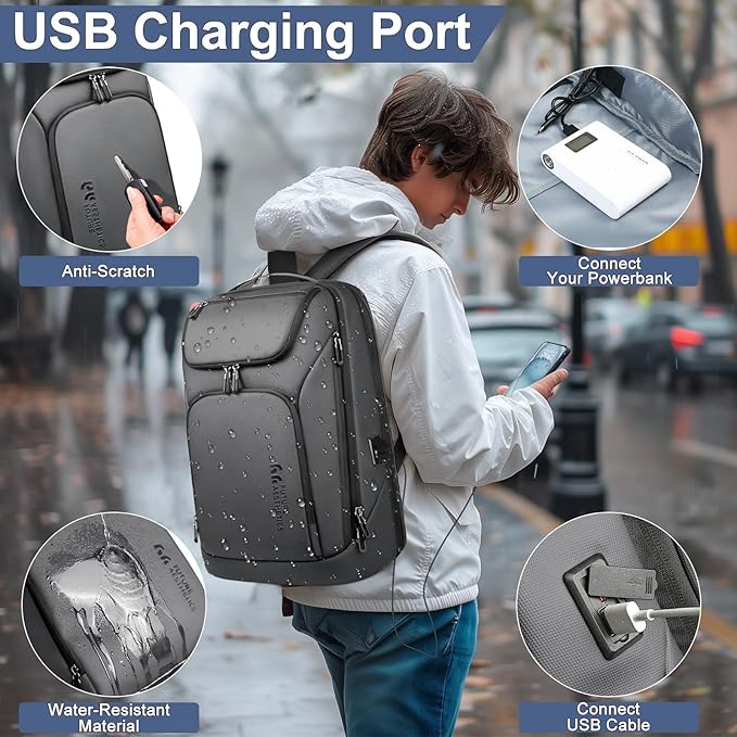 hk Business Smart Backpack for Men Anti-Theft for 17.3 Inch Laptop with USB Charging Port Water-Resistant Large Durable Compact 30L for Travel College Work-Deep Grey