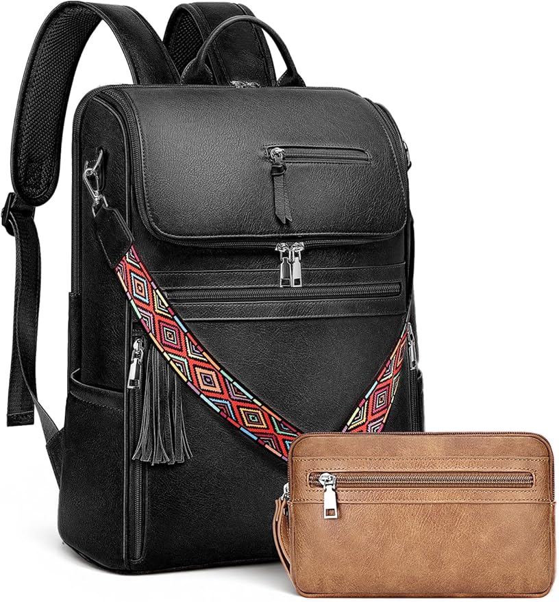 Leather Laptop Backpack for Women Designer Laptop Bag, 16.5 inch Travel Computer Backpacks Purse with Tassel for Work Business with Satchel Purse Black