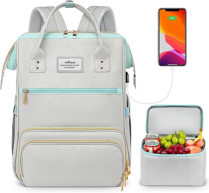 ETRONIK Lunch Backpack, 15.6 Inch Laptop Backpack with USB Port, Stylish Nurse, Teacher Work Bag with Insulated Cooler Lunch Box for Women Men, College Backpack for Travel, Grey Blue | with USB Port, Stylish, Nurse, Teacher, Work Bag