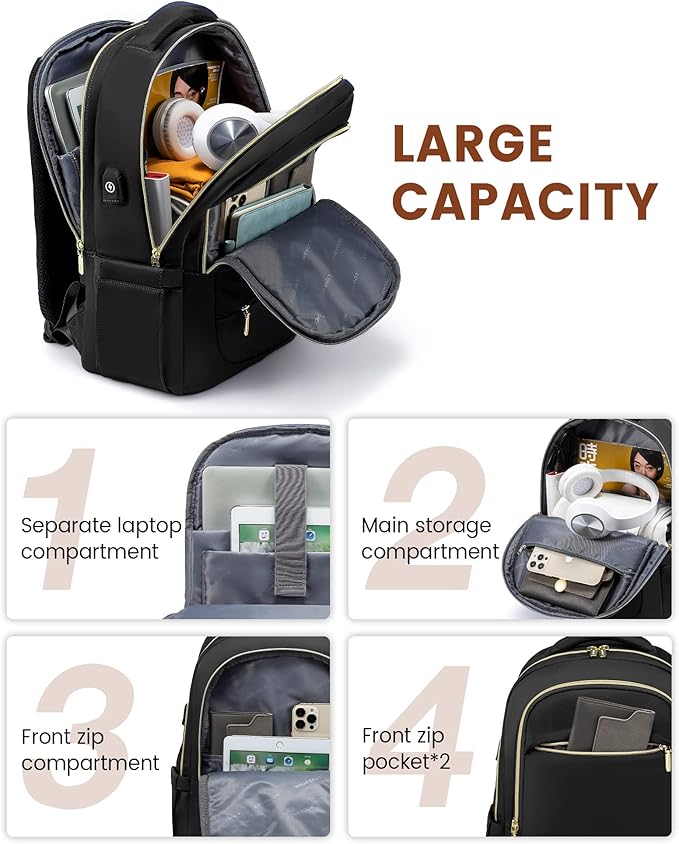 LOVEVOOK Laptop Backpack for Women, 17 Inch Black Business Travel Backpacks with USB Port, Water Resistant Work Teacher Computer Bag, Stylish Daypack
