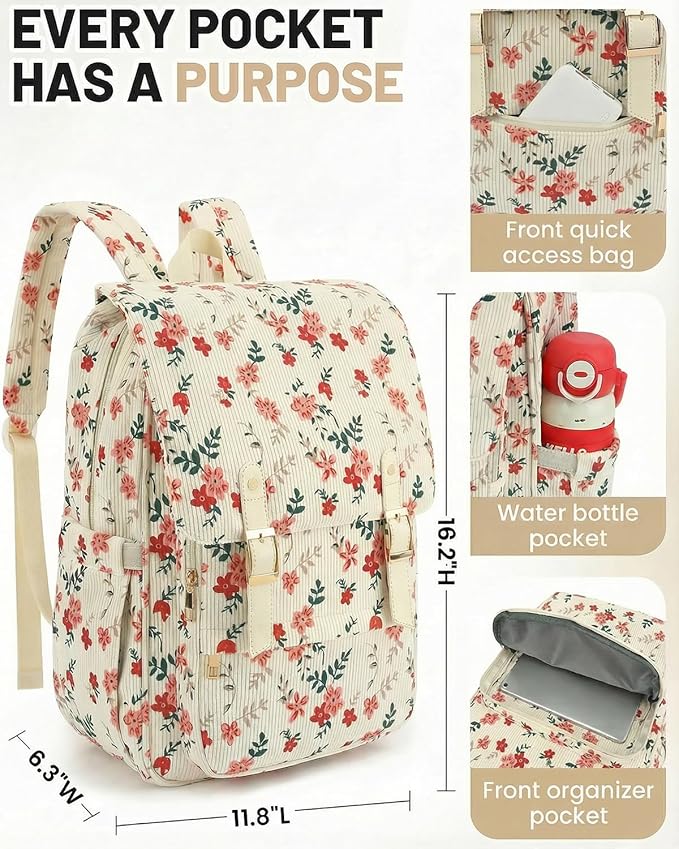 Corduroy Laptop Backpack for Women, Fits 15.6 Inch Computer Bag, College High School Bookbag Travel Daypack Purse, Work Business Bags - Beige Corduroy Flowers Pink
