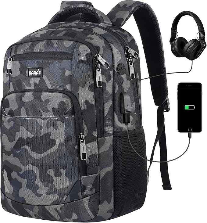 Paude 17 inch Travel Business Backpack for Men,College Backpack School Bookbag for Teens,Laptop Bookbag with USB Port and Headphone Hole,Camouflage Black