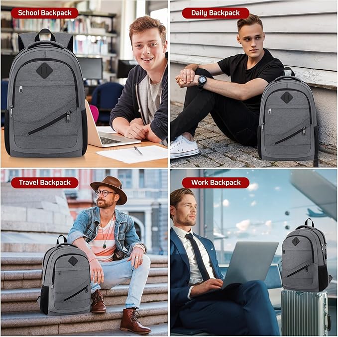 School Laptop Backpack for Women Men: 15.6 Inch College High School Backpacks with USB Charging Port Waterproof Travel Back Pack with Anti-theft Pockets Casual Work Daypack for Boys Students (Gray)