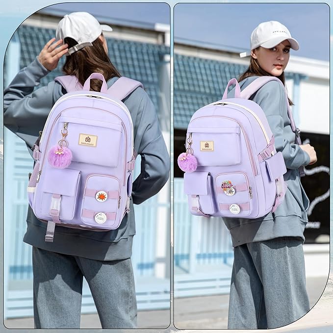 Hidds School Backpack for Teen Girls Women College Laptop Backpacks Girl Cute Bookbag Set with Lunch Box Pencil Case Kids Elementary Middle High Bag 3 Pcs Students Bookbags Set Travel Daypack-Purple