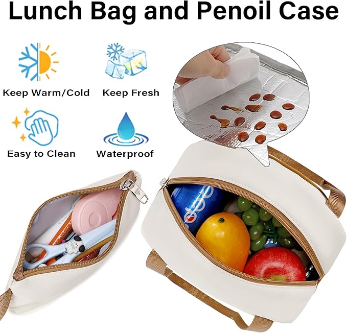 3 PCS Backpack for Teen Girls,Laptop Backpacks 15.6 Inch School Bag with Lunch Box Pencil Pouch Set for Students Aesthetic College Bookbag Travel Daypack(Beige Khaki)