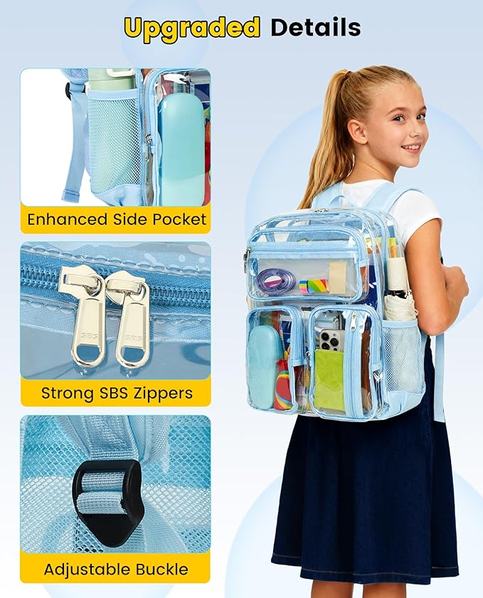 Vorspack Clear Backpack Heavy Duty - Large Clear Bookbag Transparent See Through Backpacks for College Work Festival - Sky Blue