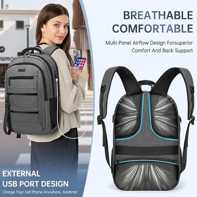 GMAK Travel Laptop Backpack for Men & Women, Business Anti Theft Laptops Backpacks with USB Charging Port, Fits 15.6 Inch Notebook, Water Resistant College School Computer Bag for Travel Sports, Grey