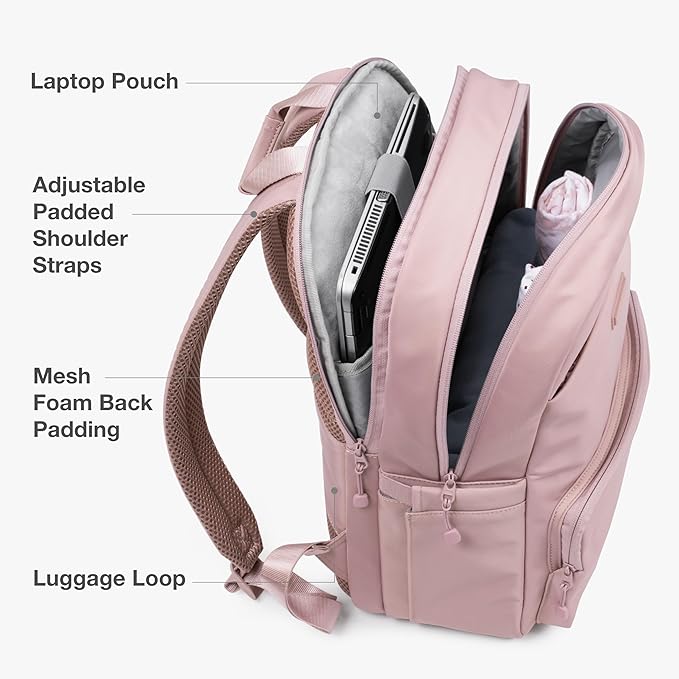 Traveler's Choice Iria 20L Backpack for Women, Water Resistant Travel Bag Daypack, Work, College, Business, Commuter, Dusty Pink, Carry-on Laptop Backpack