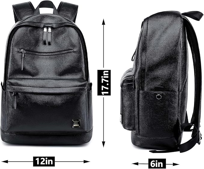 weiatas Black Leather Laptop Backpack for Men Women Work Travel, College School Backpack Casual Daypack fits 15.6 Inch