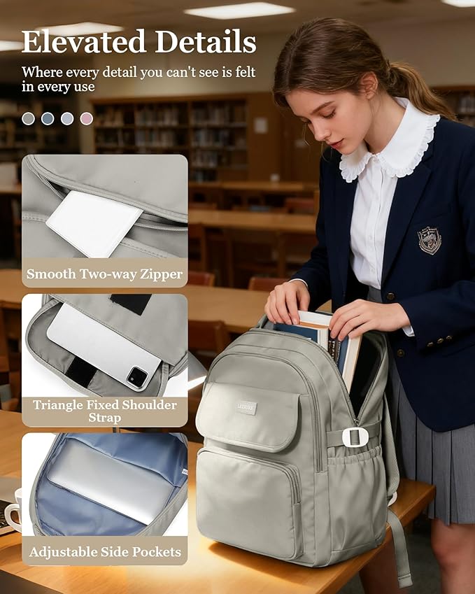 Cute Middle School Backpack For Teen Girls,Waterproof Casual Bookbags,Lightweight Travel Daypack,Basic Laptop College Backpack For Women(grey brown）