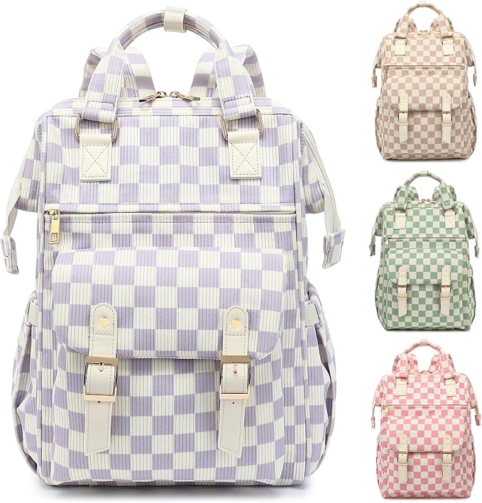 Corduroy Laptop Backpack for Women 15.6 Inch Stylish College School Bookbag, Business Work & Travel Computer Backpacks (Checkered Purple)
