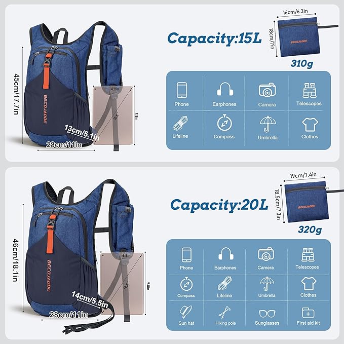 20L Small Hiking Backpack for Men Women Foldable Packable Back Pack Ultralight Hiking Daypack for Travel Camping Outdoor, Navy Blue