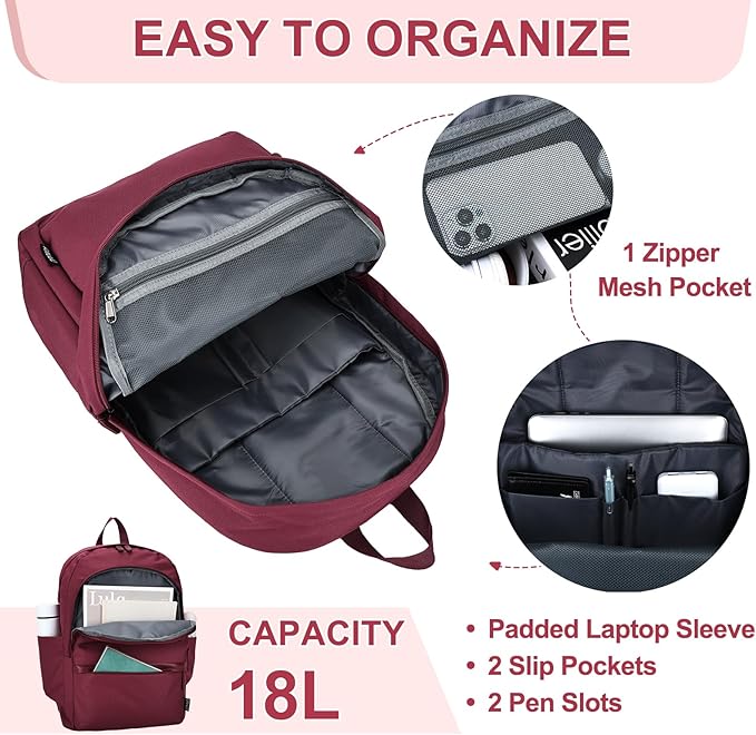 RAVUO Backpack for Women, Water Resistant School Bookbag with 15.6 inch Laptop Compartment Casual College Schoolbag Daypack for Teen Girls,Red