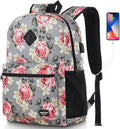 School Backpack Women and Teen Girl,Classic Bookbag Schoolbag with USB Port for High School College Office Work Travel 15.6 inch Gray Flower