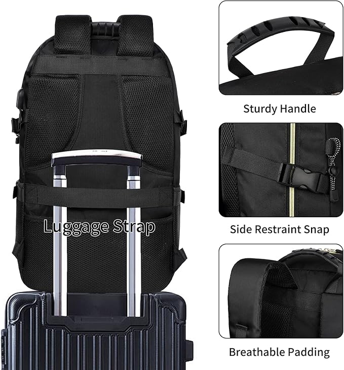 GAEKEAO Travel Backpack For Women Men Airline Approved 16 Inch Carry On Backpack with USB Charging Port Lightweight Casual Daypack for Hiking Business College Black