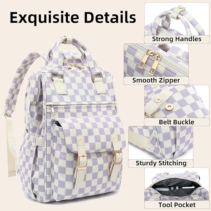 Corduroy Laptop Backpack for Women 15.6 Inch Stylish College School Bookbag, Business Work & Travel Computer Backpacks (Checkered Purple)