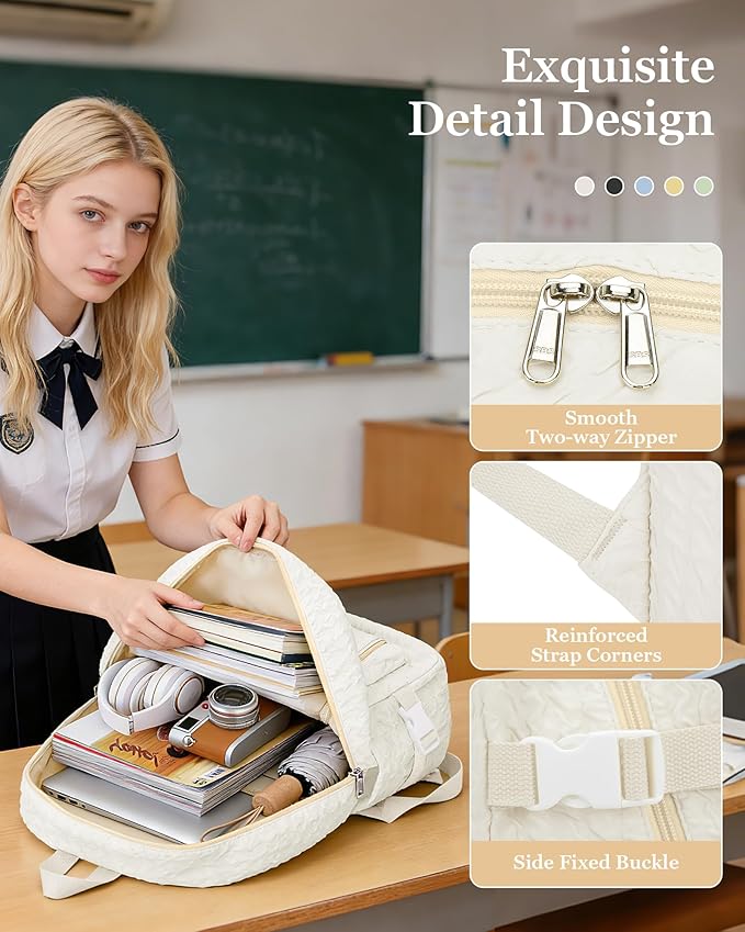 weradar Lightweight Middle School Bag For Teens Girls,Kawaii Backpack For College Students,Aesthetic Bookbag For Women,Cute School Backpack For Women Casual Daypack(Beige)