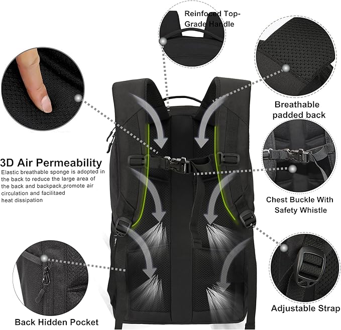 KEOFID Casual Backpack for Men and Women, Hiking Backpack for Travel, Black Daypacks for Sports, College, Water Resistant(Black)