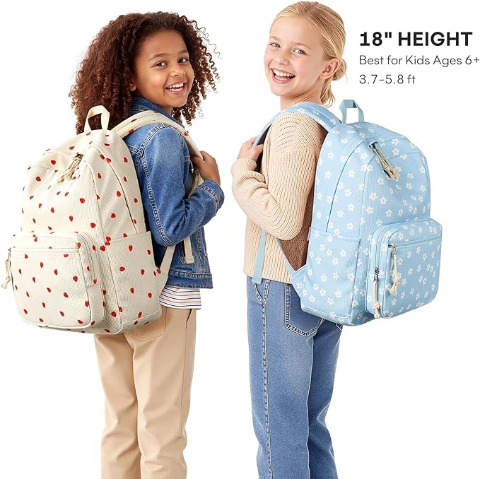 mibasies School Backpack for Girls with Laptop Sleeve: 18IN Large Capacity Corduroy Bookbag for Primary Middle School/College, Travel Daypack for Teens Women - Blue Flower