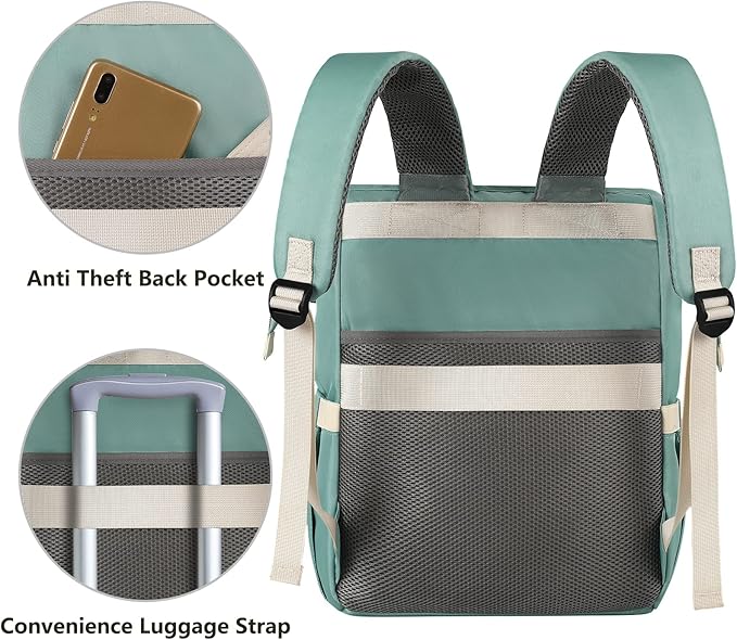 FALANKO Laptop Backpack for Women, Doctor Teacher Nurse Work Bookbag for 17.3 Inch Laptop, Large Travel Wide Open College Shoulder Purse Bag With RFID Anti Theft USB Charging Port-Green