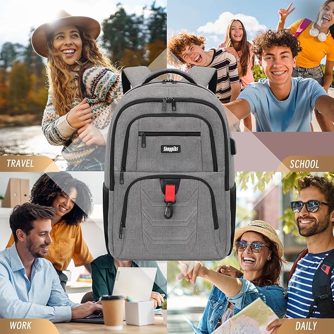 School Backpack for Boys Teens, Backpack for Men Women, 15.6 Inch Laptop Backpacks with USB Port, Water Resistent book bag, Work College Student Bookbag, back pack, Grey