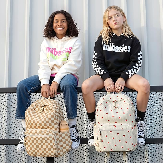 mibasies School Backpack for Girls with Laptop Sleeve: 18IN Large Capacity Corduroy Bookbag for Primary Middle School/College, Travel Daypack for Teens Women - Brown Checkered