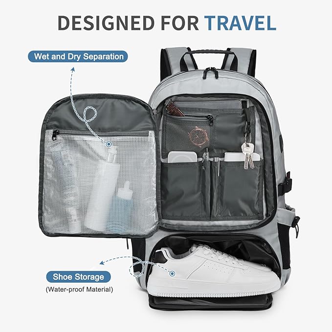 Travel Backpack for Men, 45L Expandable TSA Approved Laptop Backpack Fits 18.4 Inch, Water-Repellent W/Shoe Compartment & Wet Pocket Anti-theft Pocket, Light Grey