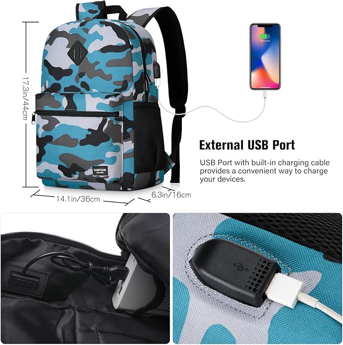 YAMTION School Backpack,Bookbag Men and Teen Boy Schoolbag with USB Charging Port for High School College